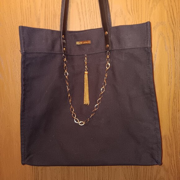 Ralph Lauren Fragrances chain tassel cotton canvas XL shoulder tote purse - Picture 3 of 12
